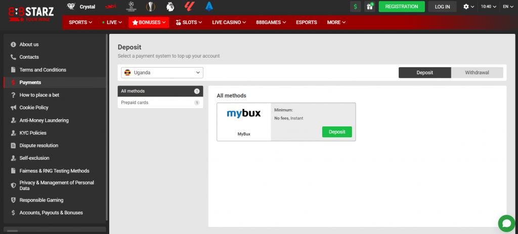 888starz Uganda Payment methods